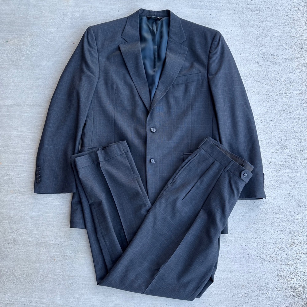 Jos A Bank Suit Mens 43L 34R Grey Glen Plaid Wool 2 Button Pleated Cuffed 2pc